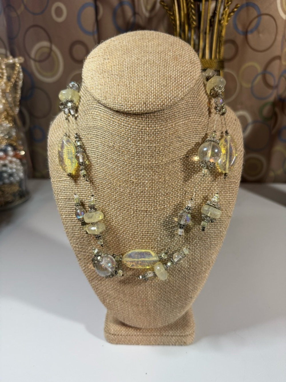 Vintage 1990s Iridescent Yellow Glass Bead Statement Necklace V8